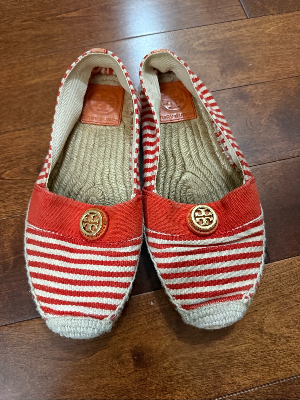 Tory Burch Red and White Striped Espadrille Flats with Gold Logo